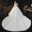 Vintage / Retro Ivory Satin Bridal Wedding Dresses 2020 Ball Gown V-Neck Puffy Short Sleeve Backless Beading Pearl Bow Cathedral Train Ruffle