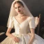 Vintage / Retro Ivory Satin Bridal Wedding Dresses 2020 Ball Gown V-Neck Puffy Short Sleeve Backless Beading Pearl Bow Cathedral Train Ruffle