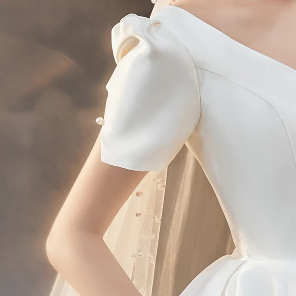 Vintage / Retro Ivory Satin Bridal Wedding Dresses 2020 Ball Gown V-Neck Puffy Short Sleeve Backless Beading Pearl Bow Cathedral Train Ruffle