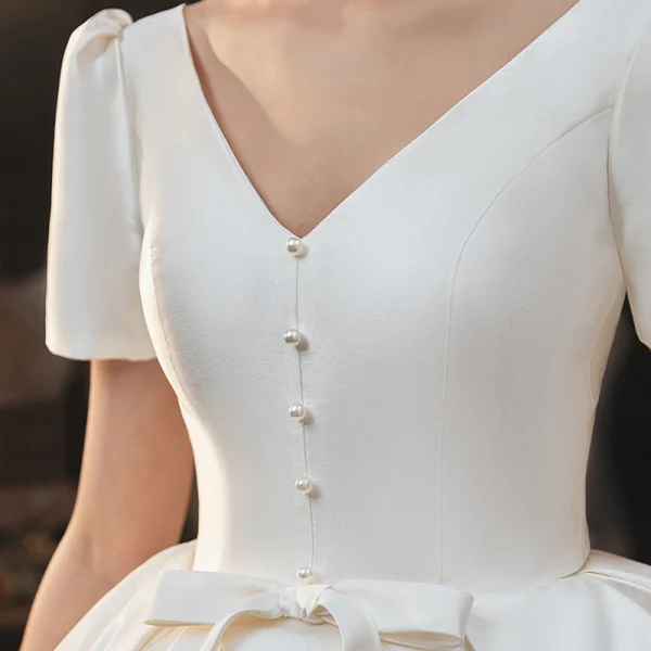 Vintage / Retro Ivory Satin Bridal Wedding Dresses 2020 Ball Gown V-Neck Puffy Short Sleeve Backless Beading Pearl Bow Cathedral Train Ruffle