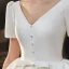Vintage / Retro Ivory Satin Bridal Wedding Dresses 2020 Ball Gown V-Neck Puffy Short Sleeve Backless Beading Pearl Bow Cathedral Train Ruffle