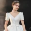 Vintage / Retro Ivory Satin Bridal Wedding Dresses 2020 Ball Gown V-Neck Puffy Short Sleeve Backless Beading Pearl Bow Cathedral Train Ruffle