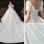 Vintage / Retro Ivory Satin Bridal Wedding Dresses 2020 Ball Gown V-Neck Puffy Short Sleeve Backless Beading Pearl Bow Cathedral Train Ruffle