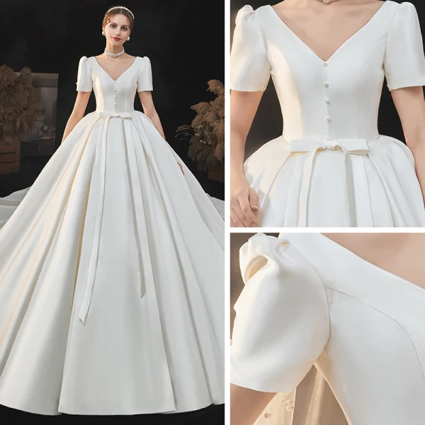 Vintage / Retro Ivory Satin Bridal Wedding Dresses 2020 Ball Gown V-Neck Puffy Short Sleeve Backless Beading Pearl Bow Cathedral Train Ruffle