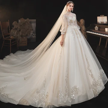 Victorian Style Champagne See Through Bridal Wedding Dresses 2020 Ball Gown High Neck Puffy 3 4 Sleeve Backless Appliques Lace Beading Sequins Glitter Tulle Cathedral Train Ruffle
