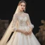 Viktorianischer Stil Champagner Durchsichtige Hochzeits Brautkleider / Hochzeitskleider 2020 Ballkleid Stehkragen Geschwollenes 3/4 Ärmel Rückenfreies Applikationen Spitze Perlenstickerei Pailletten Glanz Tülle Kathedrale Schleppe Rüschen