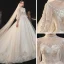Viktorianischer Stil Champagner Durchsichtige Hochzeits Brautkleider / Hochzeitskleider 2020 Ballkleid Stehkragen Geschwollenes 3/4 Ärmel Rückenfreies Applikationen Spitze Perlenstickerei Pailletten Glanz Tülle Kathedrale Schleppe Rüschen