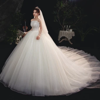 Modest Simple Ivory Bridal Wedding Dresses 2020 A Line Princess Strapless Sleeveless Backless Cathedral Train Ruffle