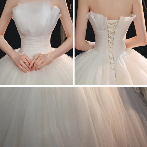 Modest / Simple Ivory Bridal Wedding Dresses 2020 A-Line / Princess Strapless Sleeveless Backless Cathedral Train Ruffle