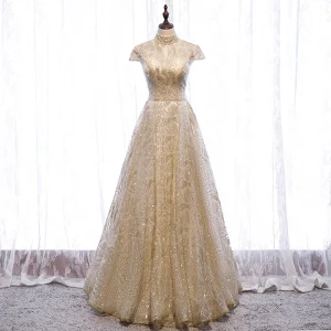 Vintage Gull Dancing Ballkjoler 2020 Prinsesse Høy Hals Korte Ermer Beading Glitter Tyll Lange Buste Ryggløse Formelle Kjoler