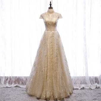 Vintage Originale Doré Dansant Robe De Bal 2020 Princesse Col Haut Manches Courtes Perlage Glitter Tulle Longue Volants Dos Nu Robe De Ceremonie