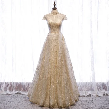 Vintage Originale Doré Dansant Robe De Bal 2020 Princesse Col Haut Manches Courtes Perlage Glitter Tulle Longue Volants Dos Nu Robe De Ceremonie
