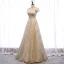 Vintage Gold Tanzen Ballkleider 2020 A Linie Stehkragen Kurze Ärmel Perlenstickerei Glanz Tülle Lange Rüschen Rückenfreies Festliche Kleider