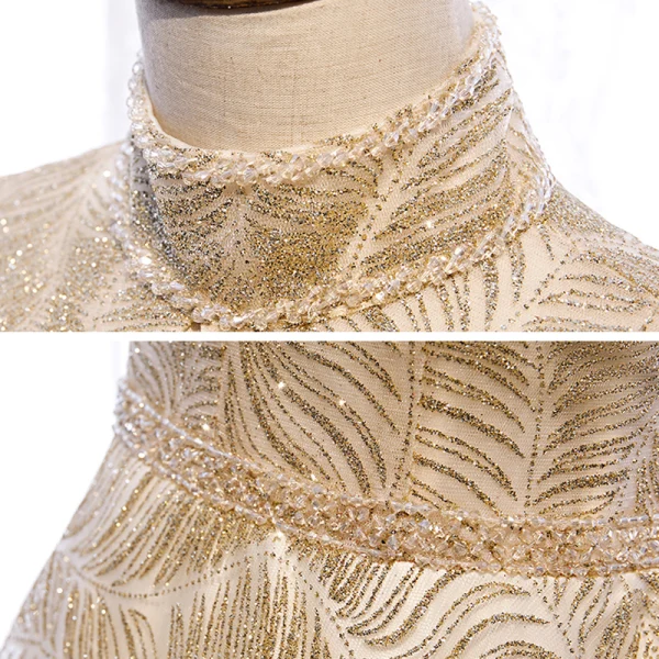 Vintage Gold Tanzen Ballkleider 2020 A Linie Stehkragen Kurze Ärmel Perlenstickerei Glanz Tülle Lange Rüschen Rückenfreies Festliche Kleider
