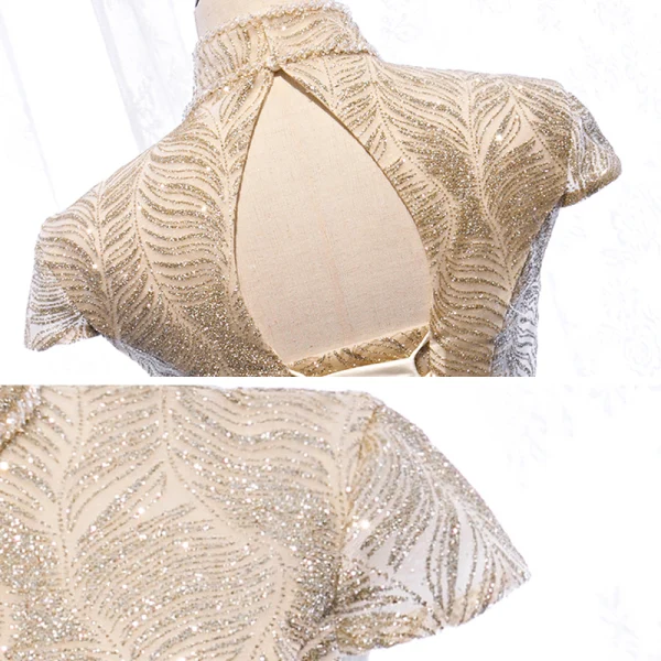 Vintage Gold Tanzen Ballkleider 2020 A Linie Stehkragen Kurze Ärmel Perlenstickerei Glanz Tülle Lange Rüschen Rückenfreies Festliche Kleider