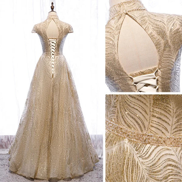 Vintage Gold Tanzen Ballkleider 2020 A Linie Stehkragen Kurze Ärmel Perlenstickerei Glanz Tülle Lange Rüschen Rückenfreies Festliche Kleider