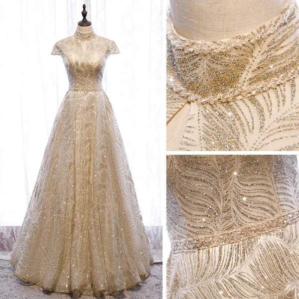 Vintage Gold Tanzen Ballkleider 2020 A Linie Stehkragen Kurze Ärmel Perlenstickerei Glanz Tülle Lange Rüschen Rückenfreies Festliche Kleider