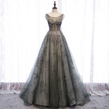 Élégant Gris Transparentes Robe De Bal 2020 Princesse Encolure Dégagée Sans Manches Paillettes Perlage Train De Balayage Volants Dos Nu Robe De Ceremonie