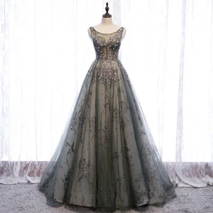 Elegant Grey See Through Prom Dresses 2020 A Line Princess Scoop Neck Sleeveless Sequins Beading Sweep Train Ruffle Backless Formal Dresses