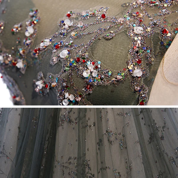 Elegante Grau Durchsichtige Ballkleider 2020 A Linie Rundhalsausschnitt Ärmellos Pailletten Perlenstickerei Sweep / Pinsel Zug Rüschen Rückenfreies Festliche Kleider
