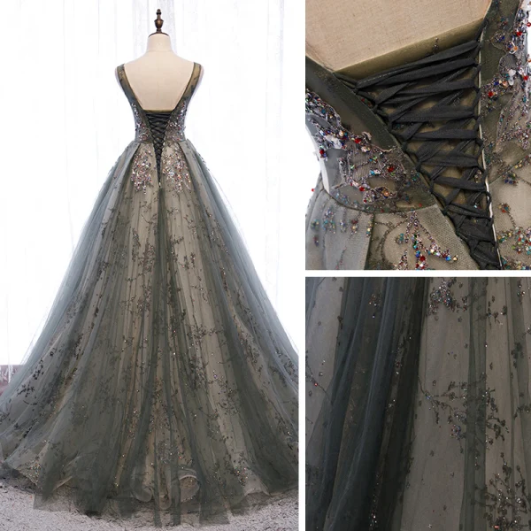 Elegante Grau Durchsichtige Ballkleider 2020 A Linie Rundhalsausschnitt Ärmellos Pailletten Perlenstickerei Sweep / Pinsel Zug Rüschen Rückenfreies Festliche Kleider