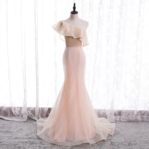 Chic Beautiful Pearl Pink Evening Dresses 2020 Trumpet Mermaid One Shoulder Sleeveless Glitter Polyester Sweep Train Ruffle Backless Formal Dresses