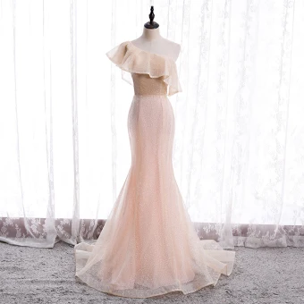 Chic Beautiful Pearl Pink Evening Dresses 2020 Trumpet Mermaid One Shoulder Sleeveless Glitter Polyester Sweep Train Ruffle Backless Formal Dresses