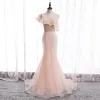 Chic / Beautiful Pearl Pink Evening Dresses  2020 Trumpet / Mermaid One-Shoulder Sleeveless Glitter Polyester Sweep Train Ruffle Backless Formal Dresses
