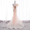 Chic / Beautiful Pearl Pink Evening Dresses  2020 Trumpet / Mermaid One-Shoulder Sleeveless Glitter Polyester Sweep Train Ruffle Backless Formal Dresses