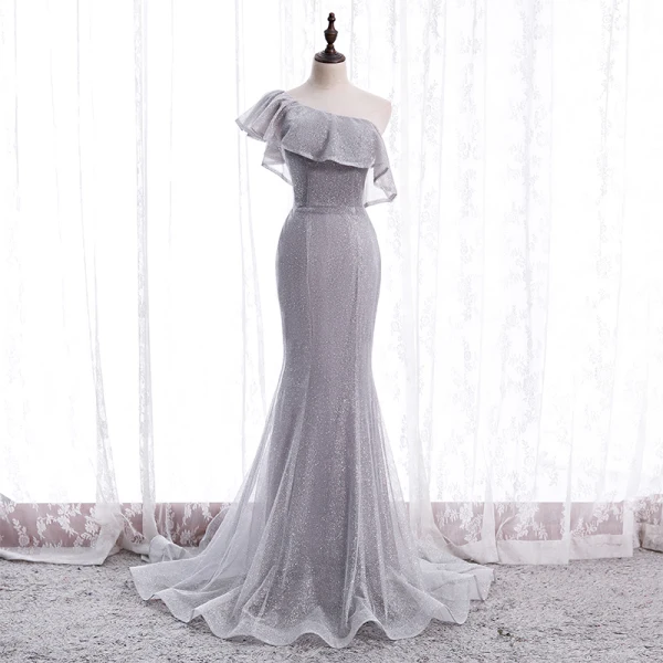 Schöne Pearl Rosa Abendkleider 2020 Meerjungfrau One-Shoulder Ärmellos Glanz Polyester Sweep / Pinsel Zug Rüschen Rückenfreies Festliche Kleider