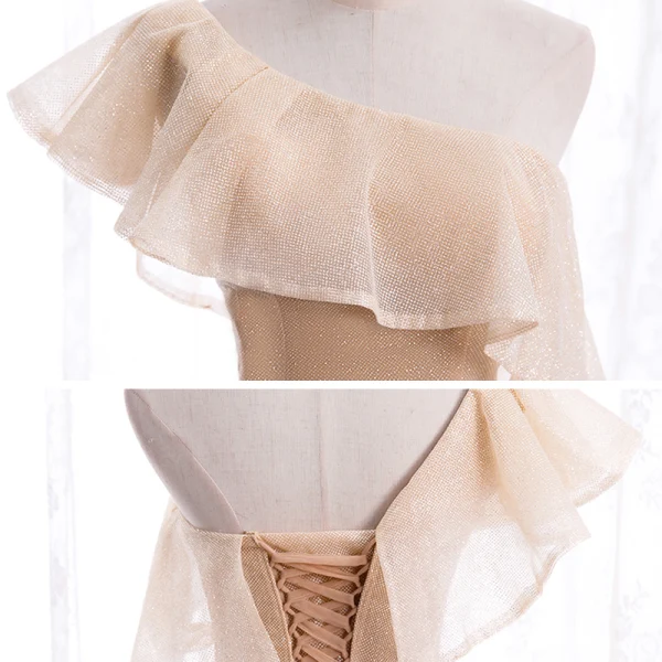 Schöne Pearl Rosa Abendkleider 2020 Meerjungfrau One-Shoulder Ärmellos Glanz Polyester Sweep / Pinsel Zug Rüschen Rückenfreies Festliche Kleider