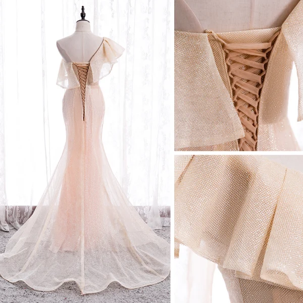 Schöne Pearl Rosa Abendkleider 2020 Meerjungfrau One-Shoulder Ärmellos Glanz Polyester Sweep / Pinsel Zug Rüschen Rückenfreies Festliche Kleider