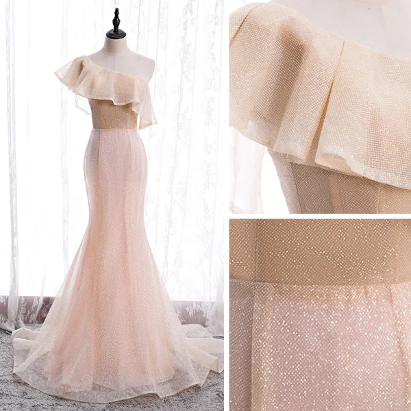 Schöne Pearl Rosa Abendkleider 2020 Meerjungfrau One-Shoulder Ärmellos Glanz Polyester Sweep / Pinsel Zug Rüschen Rückenfreies Festliche Kleider