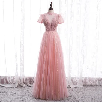 Vintage Originale Rose Bonbon Dansant Robe De Bal 2020 Princesse Transparentes Col Haut Manches Courtes Perlage Paillettes Ceinture Longue Volants Dos Nu Robe De Ceremonie
