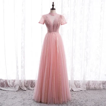 Vintage Candy Roze Dansen Galajurken 2020 A Lijn Doorzichtige Hoge Kraag Korte Mouwen Kralen Pailletten Gordel Lange Ruche Ruglooze Gelegenheid Jurken