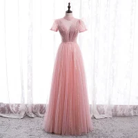 Vintage Rosa Bailando Vestidos de gala 2020 A-Line / Princess Transparentes Cuello Alto Manga Corta Rebordear Lentejuelas Cinturón Largos Ruffle Sin Espalda Vestidos Formales