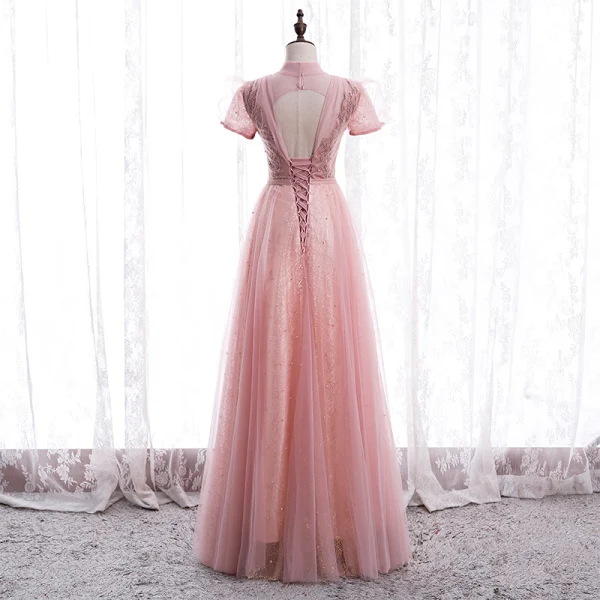 Vintage / Originale Rose Bonbon Dansant Robe De Bal 2020 Princesse Transparentes Col Haut Manches Courtes Perlage Paillettes Ceinture Longue Volants Dos Nu Robe De Ceremonie