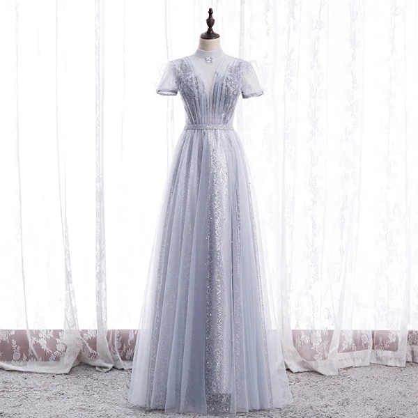 Vintage / Originale Rose Bonbon Dansant Robe De Bal 2020 Princesse Transparentes Col Haut Manches Courtes Perlage Paillettes Ceinture Longue Volants Dos Nu Robe De Ceremonie