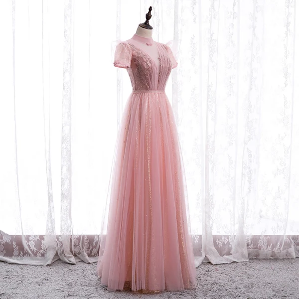 Vintage / Originale Rose Bonbon Dansant Robe De Bal 2020 Princesse Transparentes Col Haut Manches Courtes Perlage Paillettes Ceinture Longue Volants Dos Nu Robe De Ceremonie