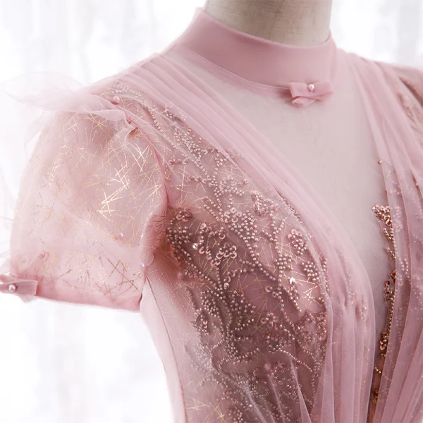 Vintage / Originale Rose Bonbon Dansant Robe De Bal 2020 Princesse Transparentes Col Haut Manches Courtes Perlage Paillettes Ceinture Longue Volants Dos Nu Robe De Ceremonie