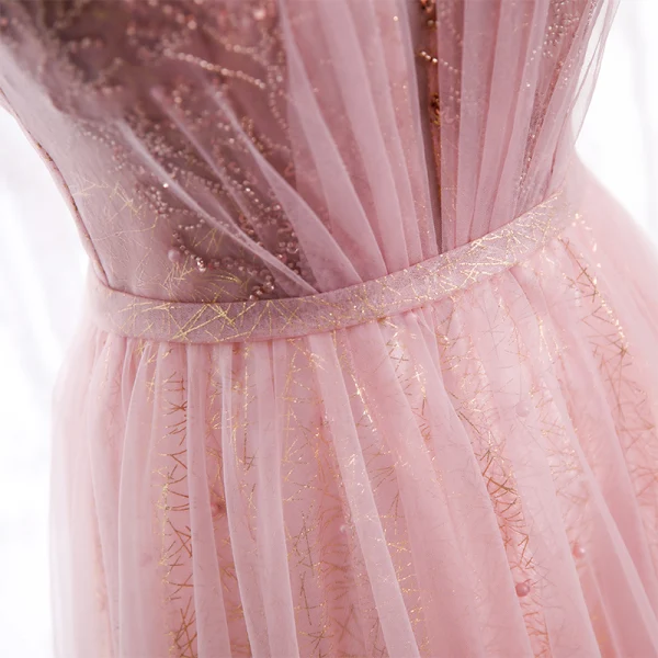 Vintage / Originale Rose Bonbon Dansant Robe De Bal 2020 Princesse Transparentes Col Haut Manches Courtes Perlage Paillettes Ceinture Longue Volants Dos Nu Robe De Ceremonie