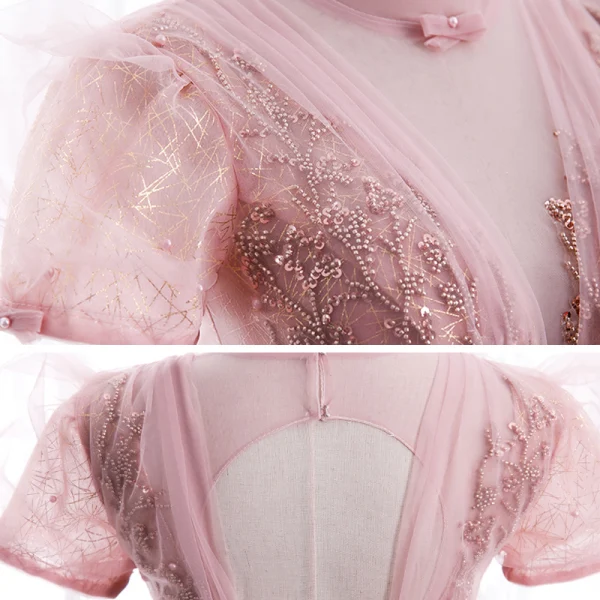 Vintage / Originale Rose Bonbon Dansant Robe De Bal 2020 Princesse Transparentes Col Haut Manches Courtes Perlage Paillettes Ceinture Longue Volants Dos Nu Robe De Ceremonie