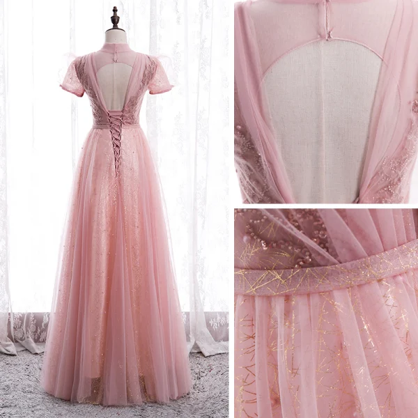 Vintage / Originale Rose Bonbon Dansant Robe De Bal 2020 Princesse Transparentes Col Haut Manches Courtes Perlage Paillettes Ceinture Longue Volants Dos Nu Robe De Ceremonie