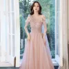 Best Blushing Pink Dancing Prom Dresses 2020 A-Line / Princess Scoop Neck Short Sleeve Beading Pearl Glitter Tulle Floor-Length / Long Ruffle Backless Formal Dresses