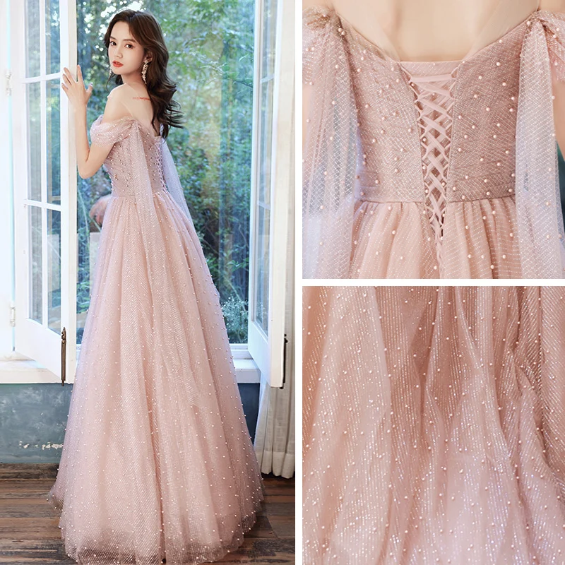 strapless open back dress A-Line Tulle Long Prom Dress with Beaded, Beautiful Off the Shoulder E main image 1