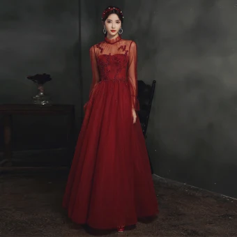 Vintage Originale Bordeaux Dansant Robe De Bal 2020 Princesse Transparentes Col Haut Manches Longues Perlage Longue Volants Dos Nu Robe De Ceremonie