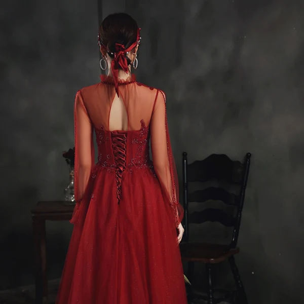 Vintage / Retro Burgundy Dancing Prom Dresses 2020 A-Line / Princess See-through High Neck Long Sleeve Beading Floor-Length / Long Ruffle Backless Formal Dresses