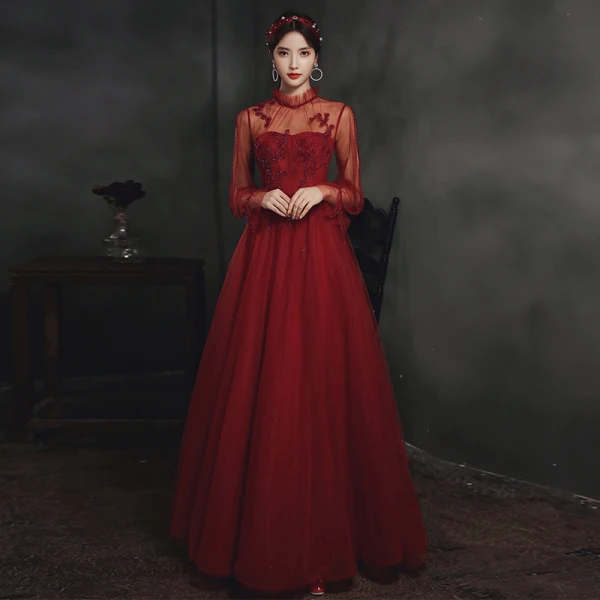 Vintage / Retro Burgundy Dancing Prom Dresses 2020 A-Line / Princess See-through High Neck Long Sleeve Beading Floor-Length / Long Ruffle Backless Formal Dresses