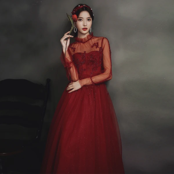 Vintage / Retro Burgundy Dancing Prom Dresses 2020 A-Line / Princess See-through High Neck Long Sleeve Beading Floor-Length / Long Ruffle Backless Formal Dresses