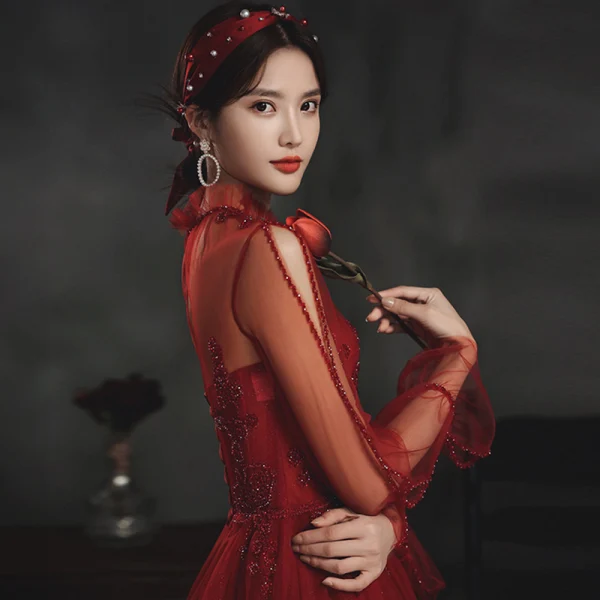 Vintage / Retro Burgundy Dancing Prom Dresses 2020 A-Line / Princess See-through High Neck Long Sleeve Beading Floor-Length / Long Ruffle Backless Formal Dresses